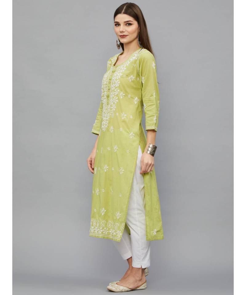 Ethnava Green Cotton  Lucknowi Chikankari Womens Kurta