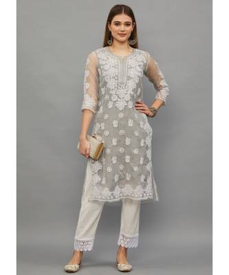 Ethnava Grey Organza  Lucknowi Chikankari Womens Kurta With Slip 1