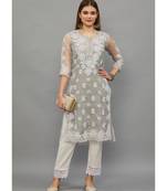 Ethnava Grey Organza  Lucknowi Chikankari Womens Kurta With Slip