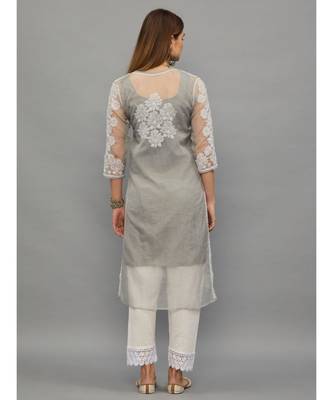 Ethnava Grey Organza  Lucknowi Chikankari Womens Kurta With Slip 2