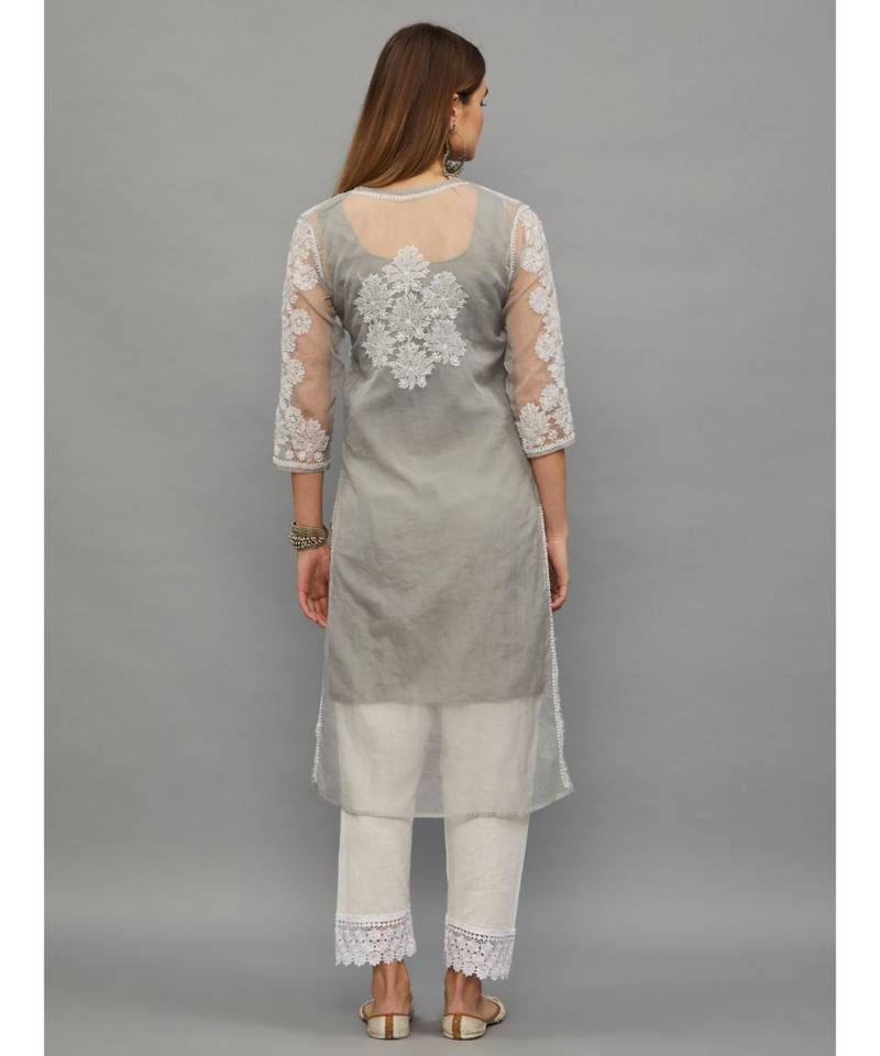 Ethnava Grey Organza  Lucknowi Chikankari Womens Kurta With Slip