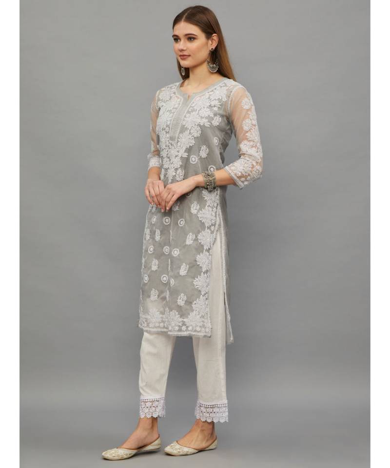 Ethnava Grey Organza  Lucknowi Chikankari Womens Kurta With Slip