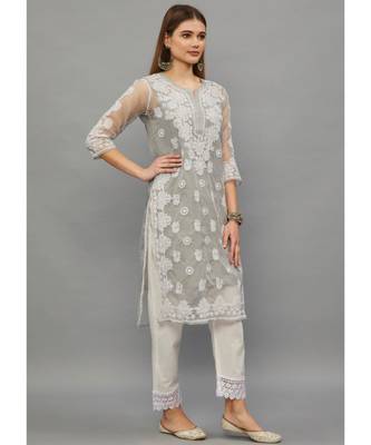 Ethnava Grey Organza  Lucknowi Chikankari Womens Kurta With Slip 4