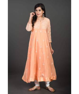 Ethnava Women's Chikankari Hand Embroidered Georgette Anarkali Kurta 4