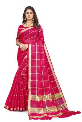 Pink woven cotton saree with blouse 1