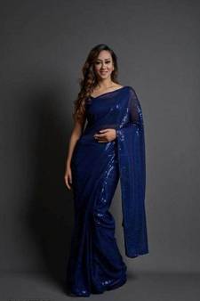 Blue Embroidered Faux Georgette Saree With Blouse