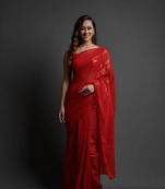 Red Embroidered Faux Georgette Saree With Blouse