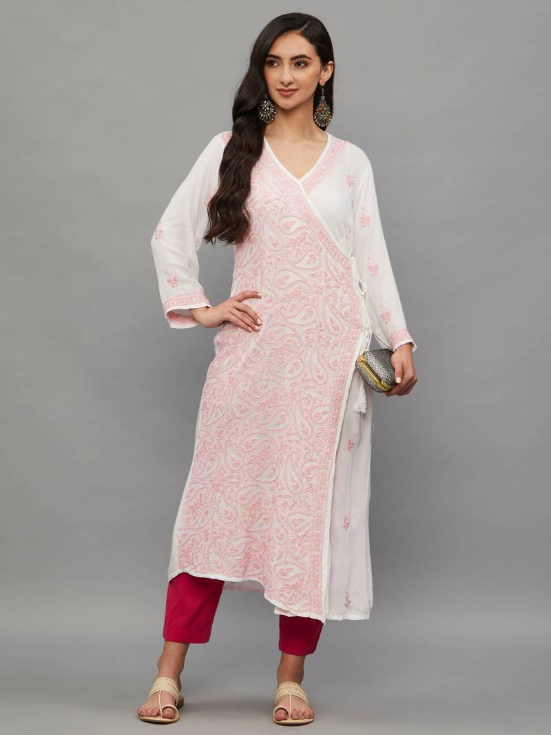 Ethnava Baby Pink Rayon Lucknowi Chikankari Women's Kurta