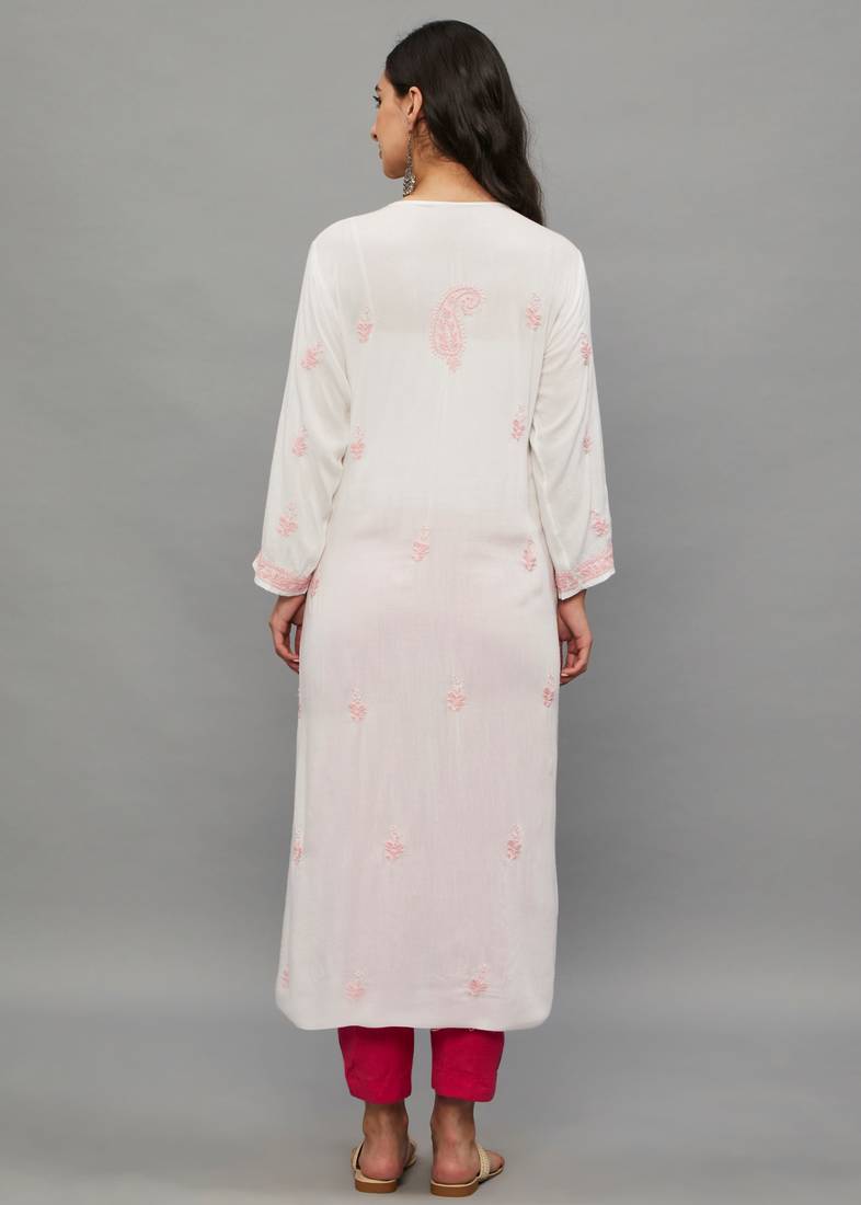 Ethnava Baby Pink Rayon Lucknowi Chikankari Women's Kurta
