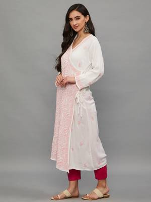 Ethnava Baby Pink Rayon Lucknowi Chikankari Women's Kurta 5