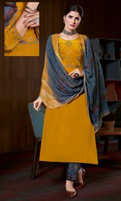 MustardHeavy Embroidery Workcrepe wear salwarsuit 1
