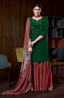 GreenHeavy Embroidery Workcrepesemi-stitchedDesignerpantwedding wear salwar suit 1