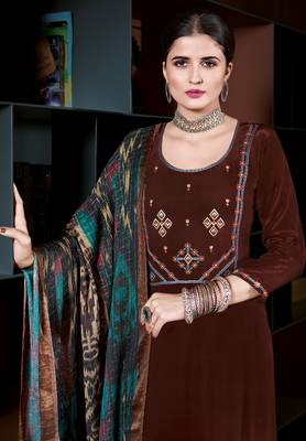 CoffeeHeavy Embroidery Workcrepesemi-stitchedDesignerpantwedding wear salwar suit 2