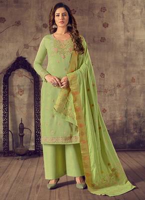 GreenWevon Jacquard Designer Hand WorkCottonsemi-stitchedDesignerplazzoparty wear salwarsuit 1