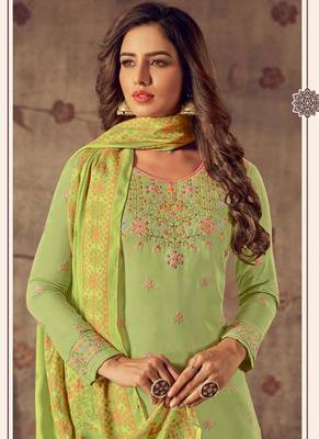 GreenWevon Jacquard Designer Hand WorkCottonsemi-stitchedDesignerplazzoparty wear salwarsuit 2