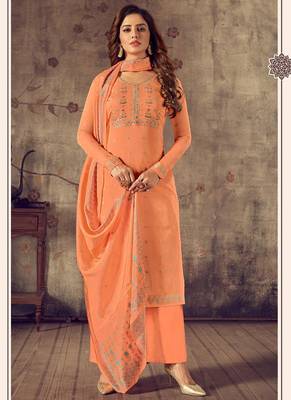 OrangeWevon Jacquard Designer Hand WorkCottonsemi-stitchedDesignerplazzoparty wear salwarsuit 1