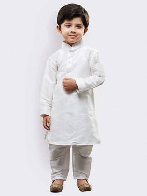 White Plain Silk Blend Boys-Kurta-Pyjama 1
