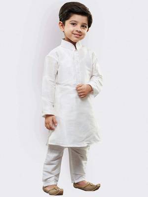 White Plain Silk Blend Boys-Kurta-Pyjama 2