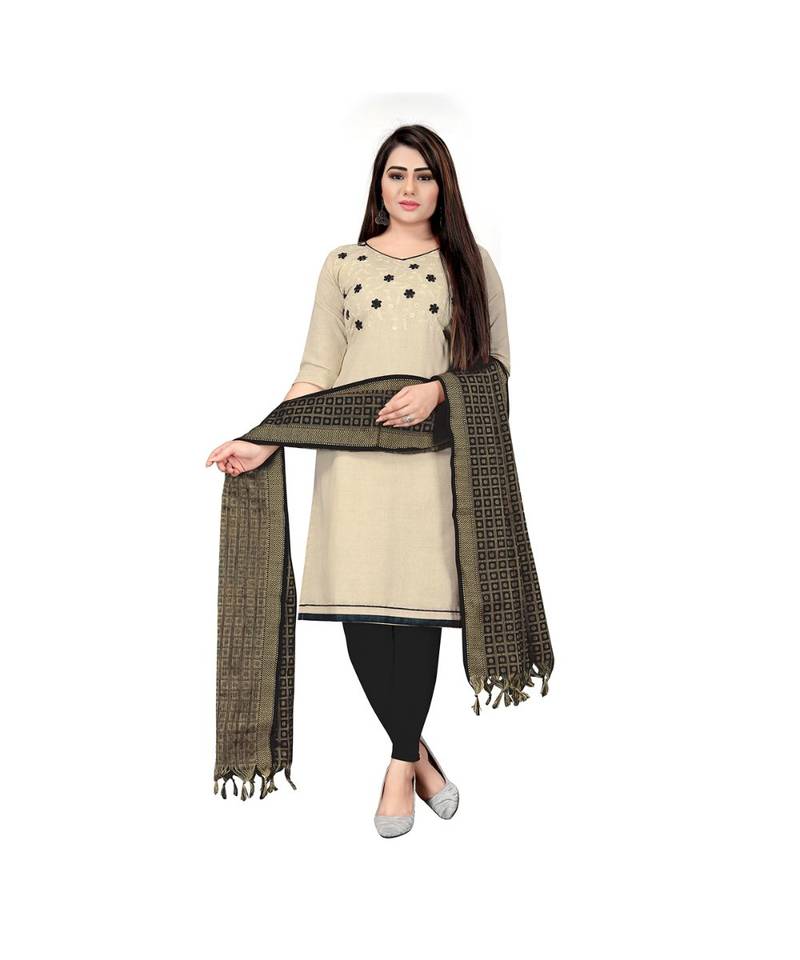 Beige Khadi Cotton Embroidered Dress Material With Duptta Pisara