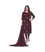 Wine Georgette Embroidered Dress Material With Duptta