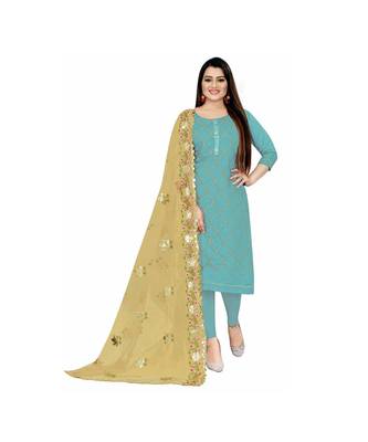 Turquoise Chanderi Embroidered Dress Material With Duptta 1