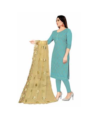 Turquoise Chanderi Embroidered Dress Material With Duptta 3