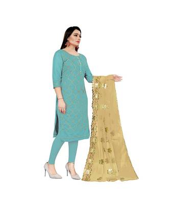 Turquoise Chanderi Embroidered Dress Material With Duptta 4