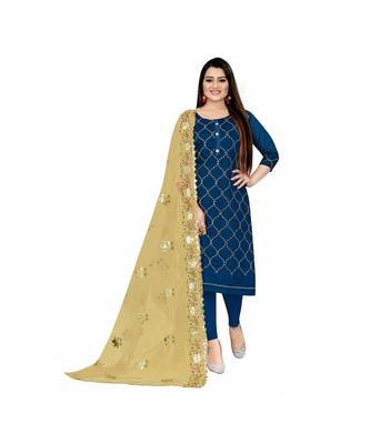 Blue Chanderi Embroidered Dress Material With Duptta 1