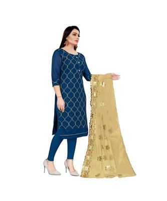 Blue Chanderi Embroidered Dress Material With Duptta 3