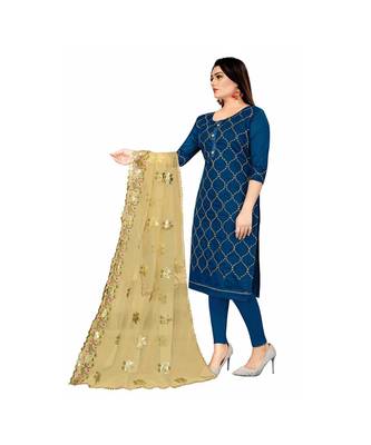 Blue Chanderi Embroidered Dress Material With Duptta 4