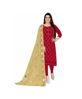 Red Chanderi Embroidered Dress Material With Duptta 1