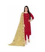 Red Chanderi Embroidered Dress Material With Duptta