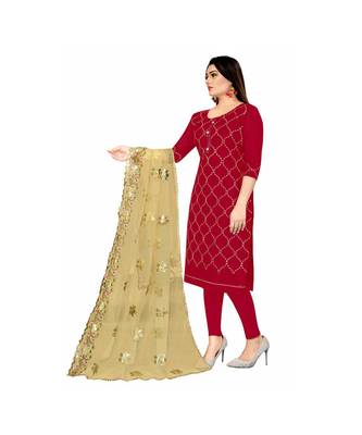 Red Chanderi Embroidered Dress Material With Duptta 3