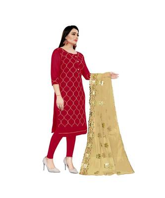 Red Chanderi Embroidered Dress Material With Duptta 4
