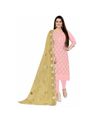 Pink Chanderi Embroidered Dress Material With Duptta 1