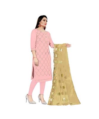 Pink Chanderi Embroidered Dress Material With Duptta 3