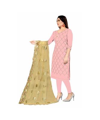 Pink Chanderi Embroidered Dress Material With Duptta 4
