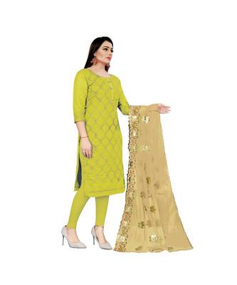 Lime yellow Chanderi Embroidered Dress Material With Duptta 3