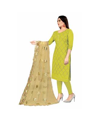 Lime yellow Chanderi Embroidered Dress Material With Duptta 4
