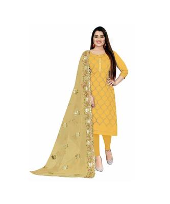Yellow Chanderi Embroidered Dress Material With Duptta 1