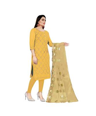 Yellow Chanderi Embroidered Dress Material With Duptta 3