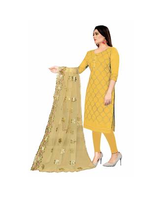 Yellow Chanderi Embroidered Dress Material With Duptta 4