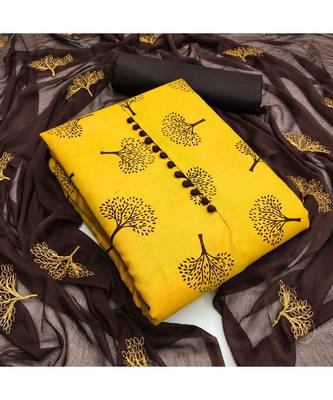 yellow Slab Cotton Printed Dress Material With Duptta 1