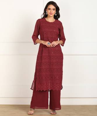 Maroon embroidered georgette chikankari-kurtis 1