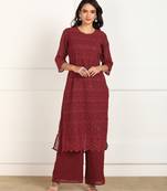 Maroon embroidered georgette chikankari-kurtis