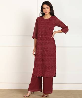 Maroon embroidered georgette chikankari-kurtis 3