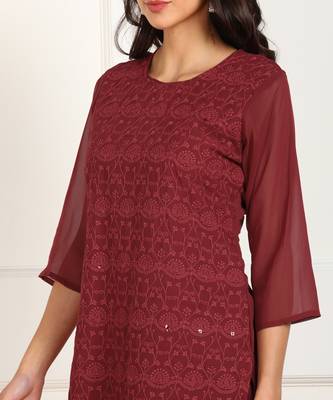 Maroon embroidered georgette chikankari-kurtis 4