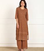 Brown embroidered georgette chikankari-kurtis
