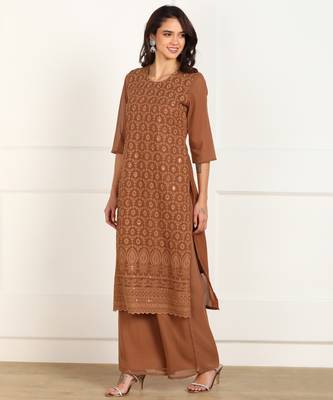 Brown embroidered georgette chikankari-kurtis 3