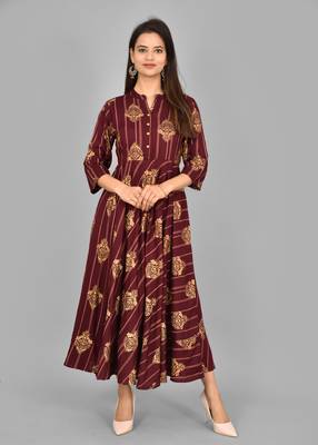 Aurish Printed Rayon Wine Flared Long Kurti 1